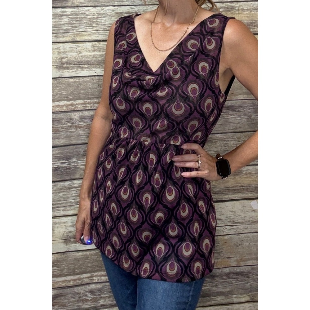Apt 9 Tunic Top M Medium Purple Peacock Print Cowl Neck Empire Waist Mesh Nylon